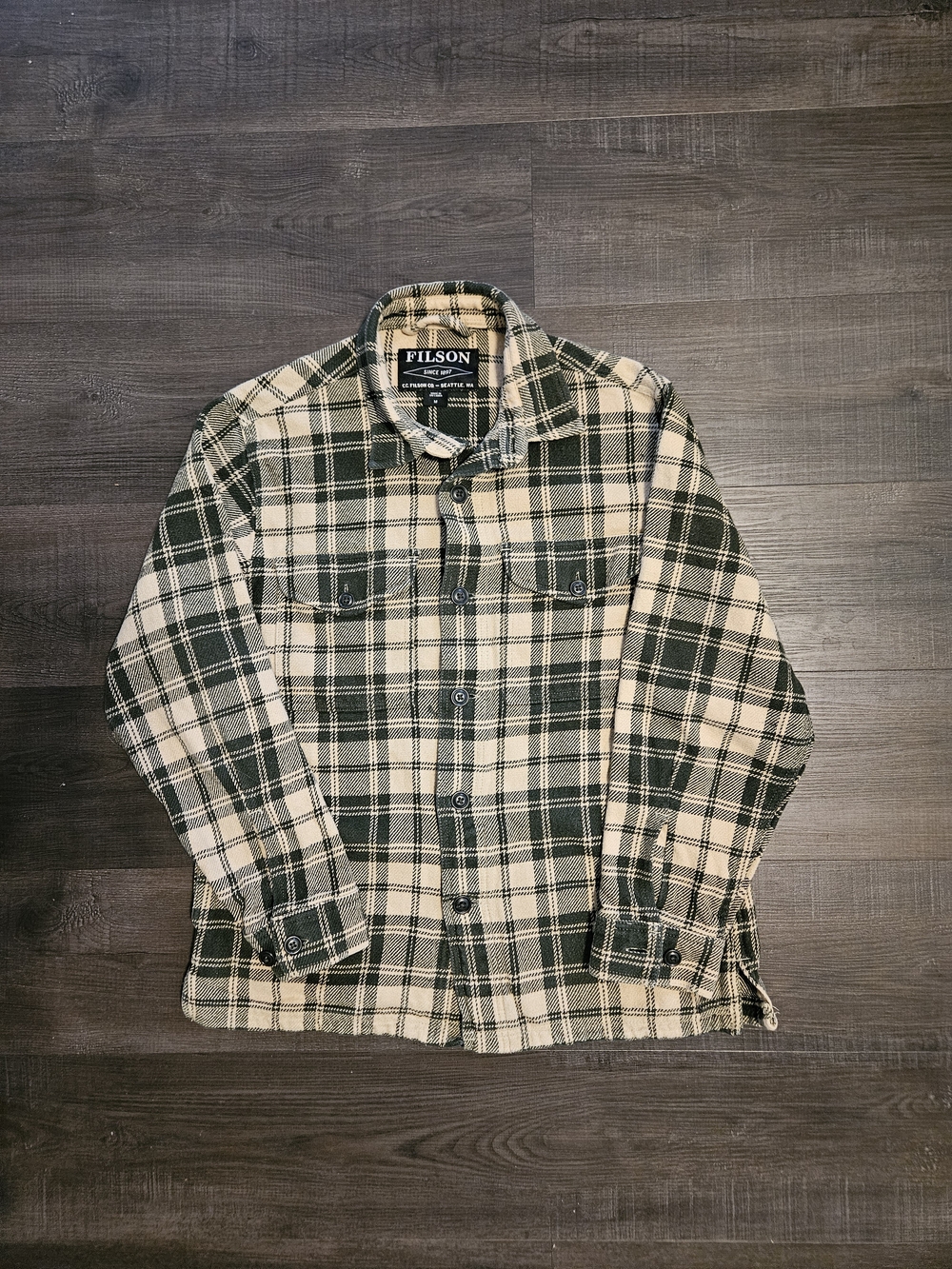 Filson Vintage Flannel Work Shirt Mens Medium Cream Green Plaid FITS SMALL/XS
